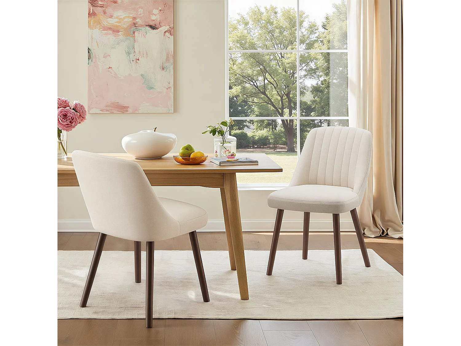 Set van 2 SMARTUE eetkamerstoelen beige, schelpvormige rugleuning, zachte stof, massief houten poten