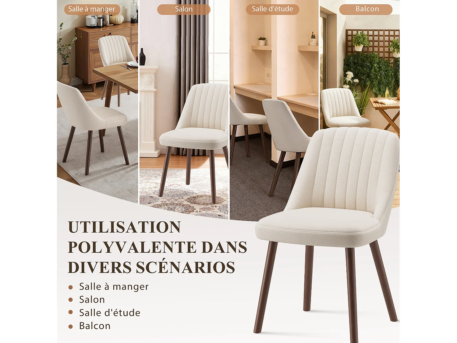 Lot de 2 chaises de salle à manger Beige SMARTUE, dossier coquillage, tissu doux, pieds bois massif