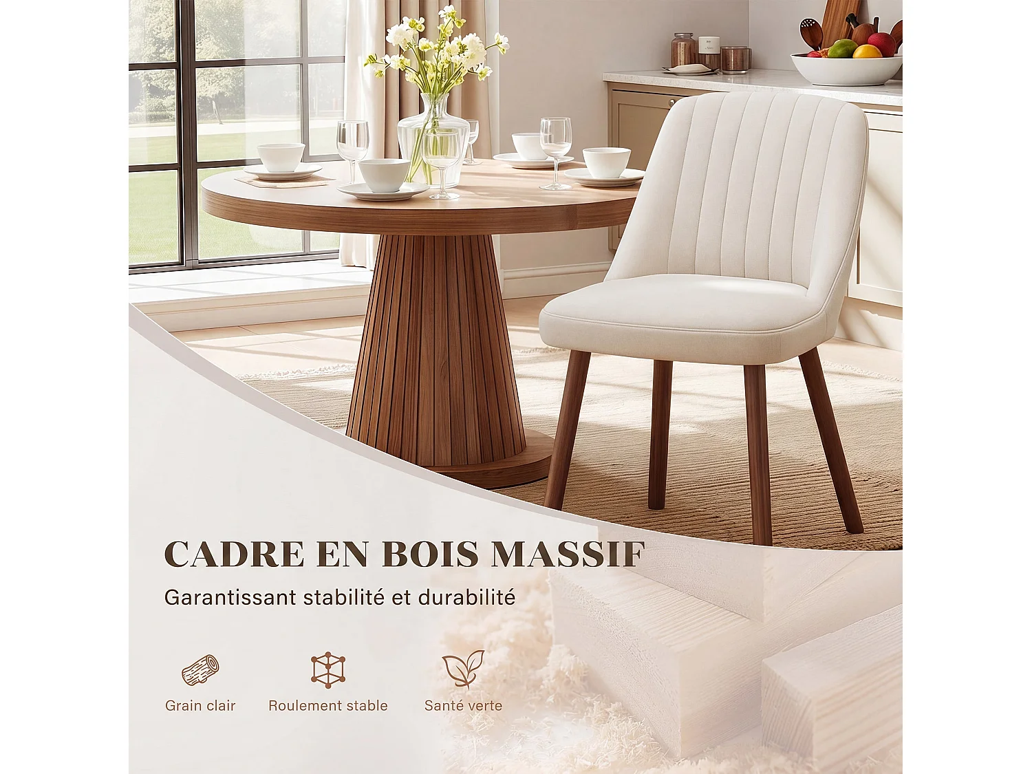 Lot de 2 chaises de salle à manger Beige SMARTUE, dossier coquillage, tissu doux, pieds bois massif