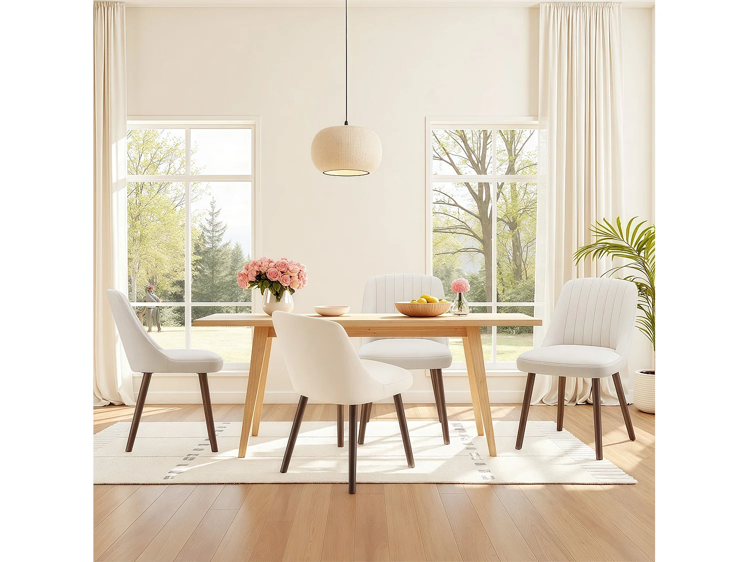 Lot de 2 chaises de salle à manger Beige SMARTUE, dossier coquillage, tissu doux, pieds bois massif