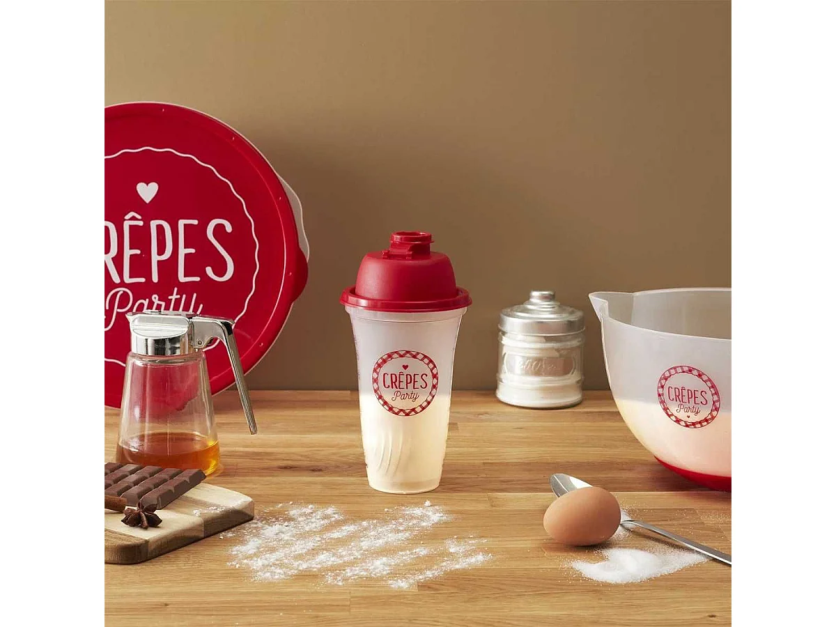 Shaker gradué pour pâte à crêpes en plastique translucide et rouge