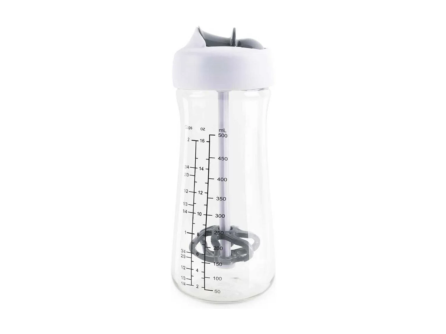 Shaker avec bec verseur et mélangeur transparent, gris et blanc