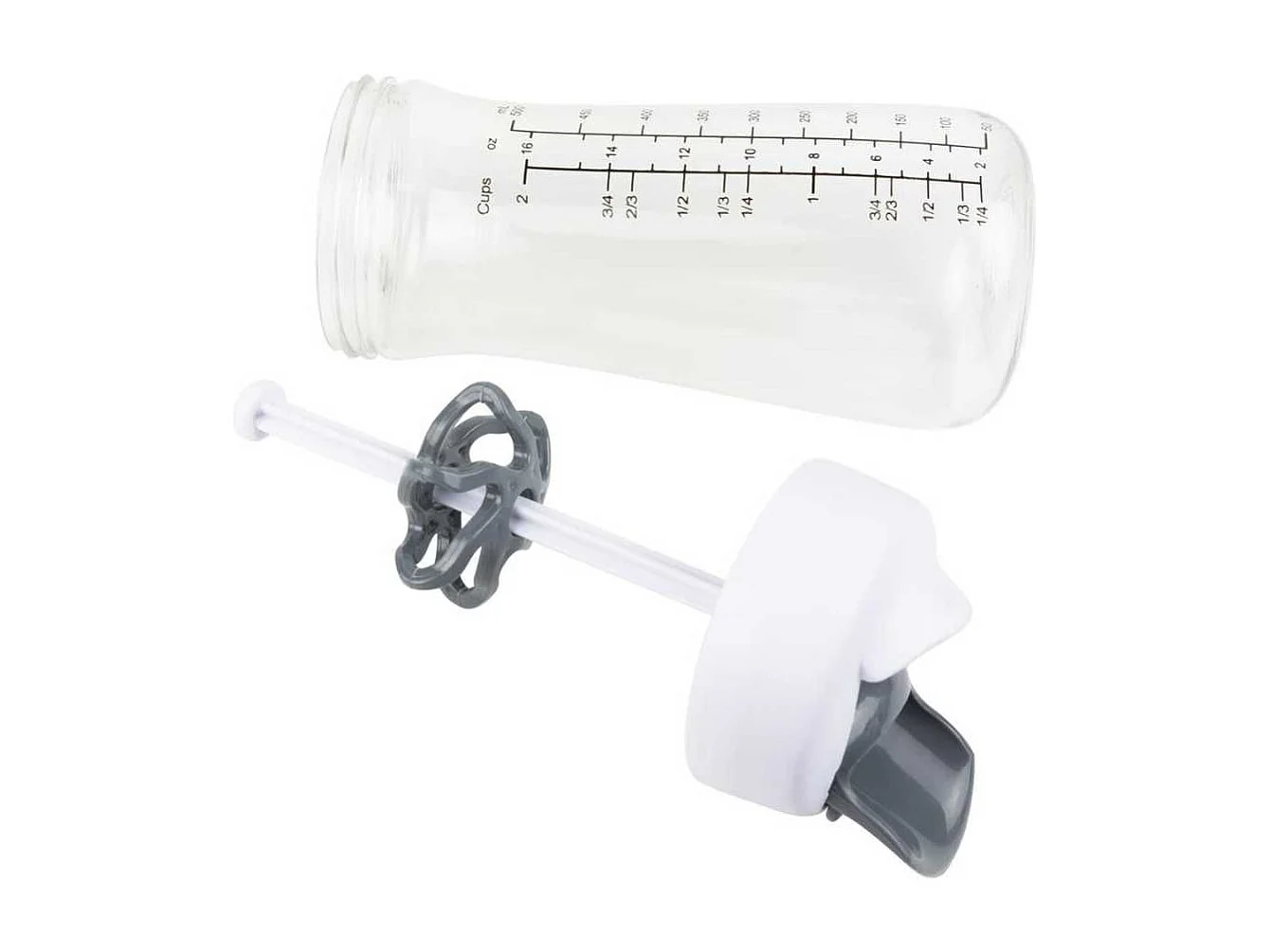 Shaker avec bec verseur et mélangeur transparent, gris et blanc