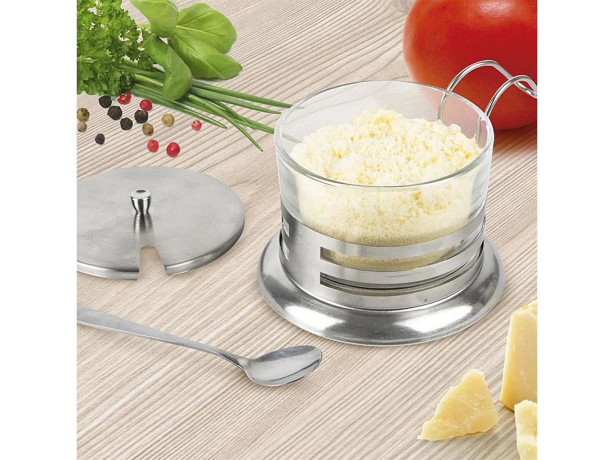 Distributeur de parmesan 20cl en verre et inox avec sa cuillère