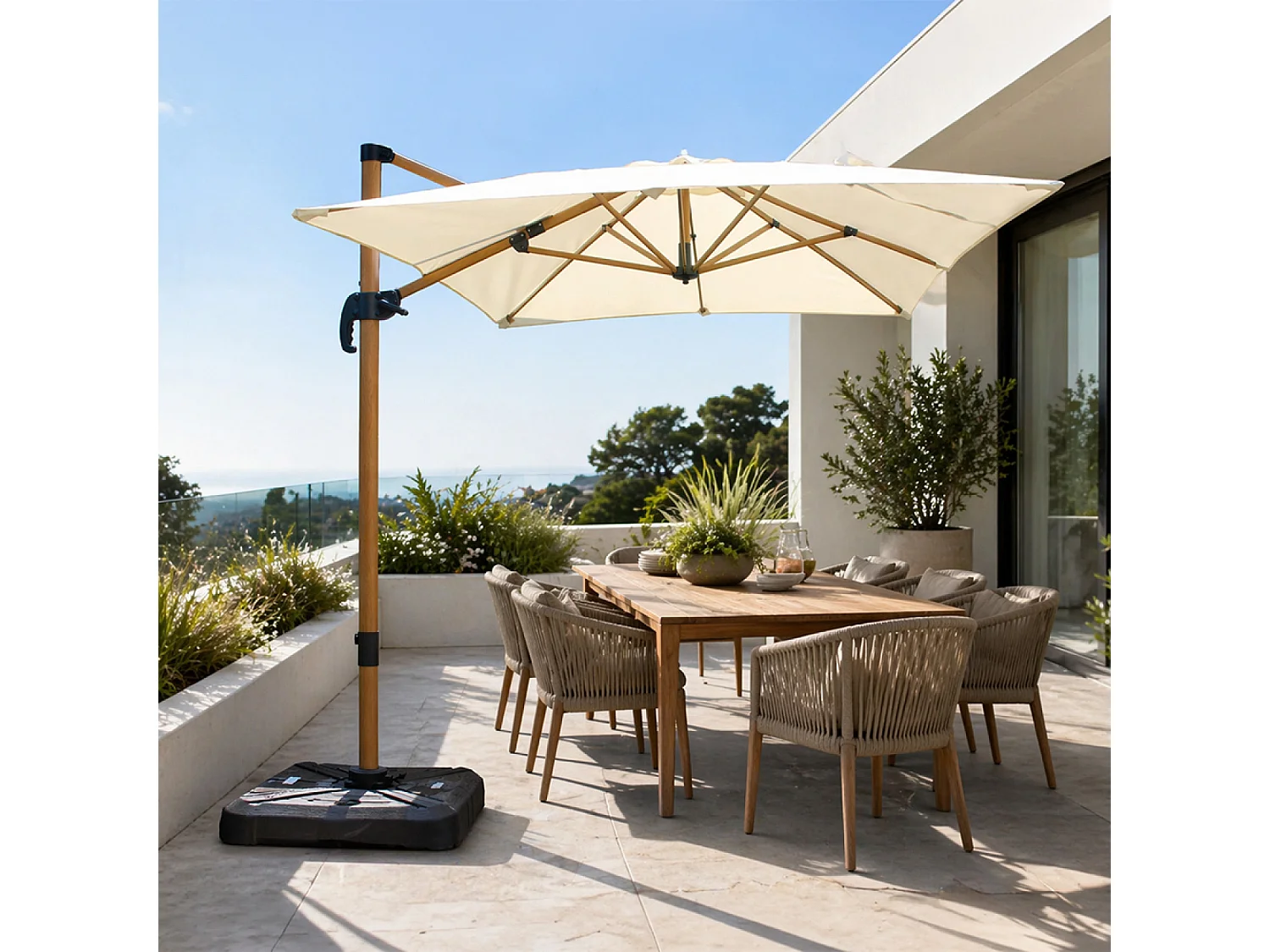 Parasol rectangulaire 2x3m déporté rotatif écru structure effet bois PIANA