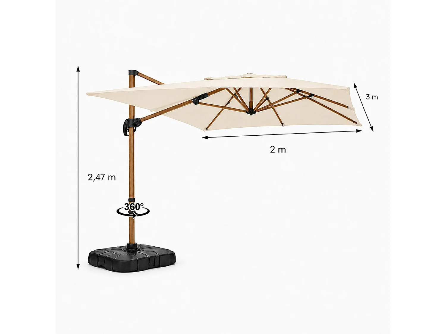 Parasol rectangulaire 2x3m déporté rotatif écru structure effet bois PIANA
