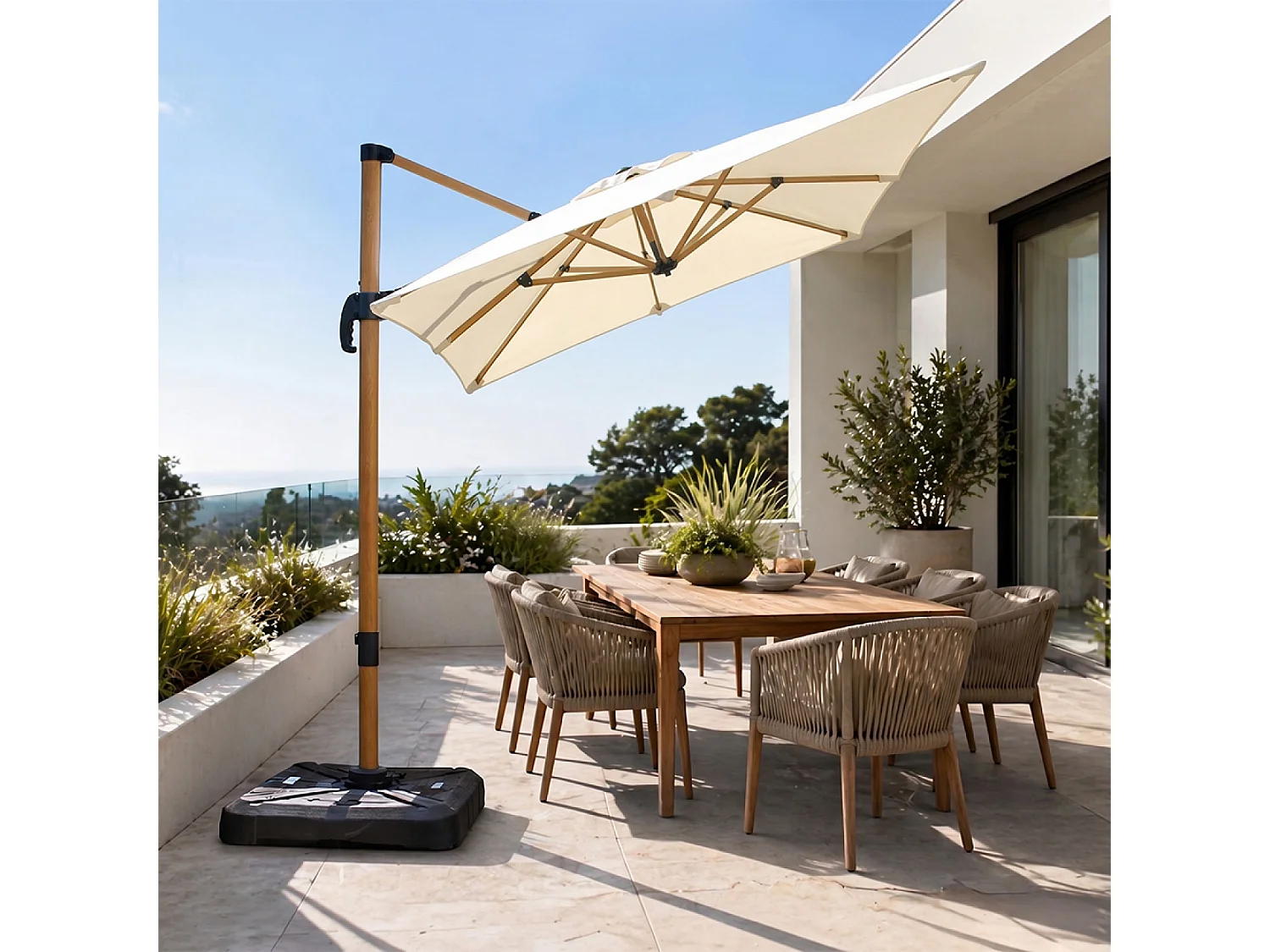 Parasol rectangulaire 2x3m déporté rotatif écru structure effet bois PIANA
