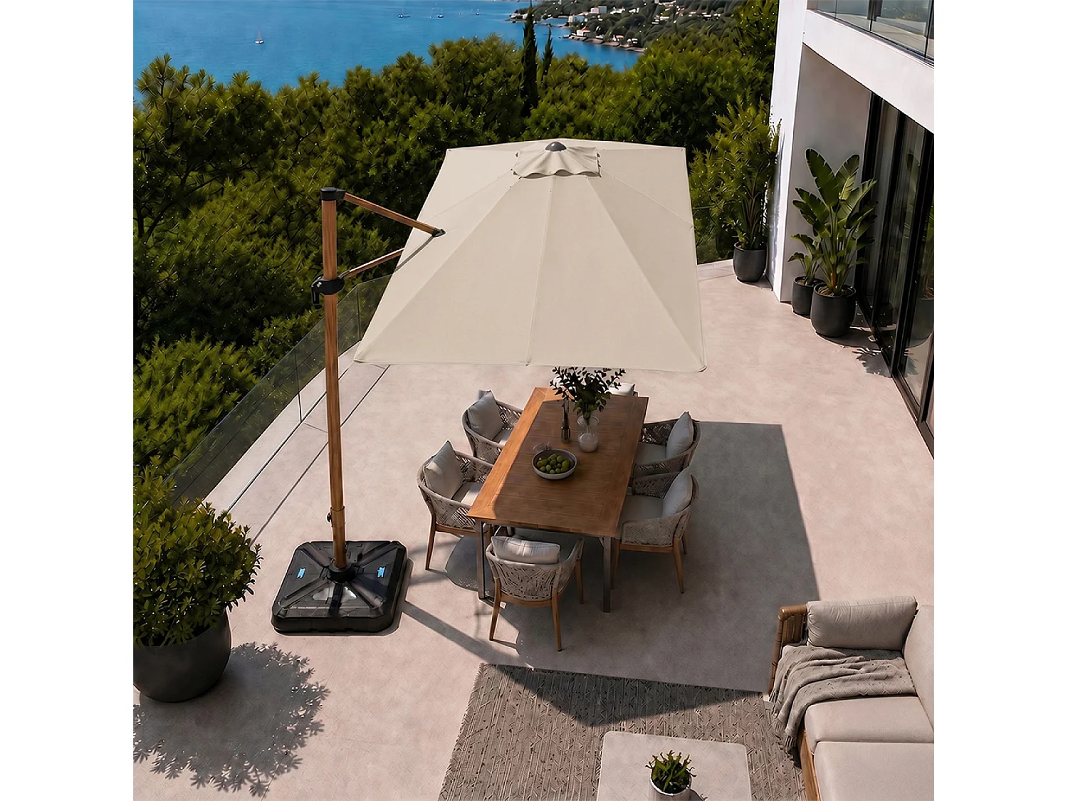 Parasol rectangulaire 2x3m déporté rotatif écru structure effet bois PIANA