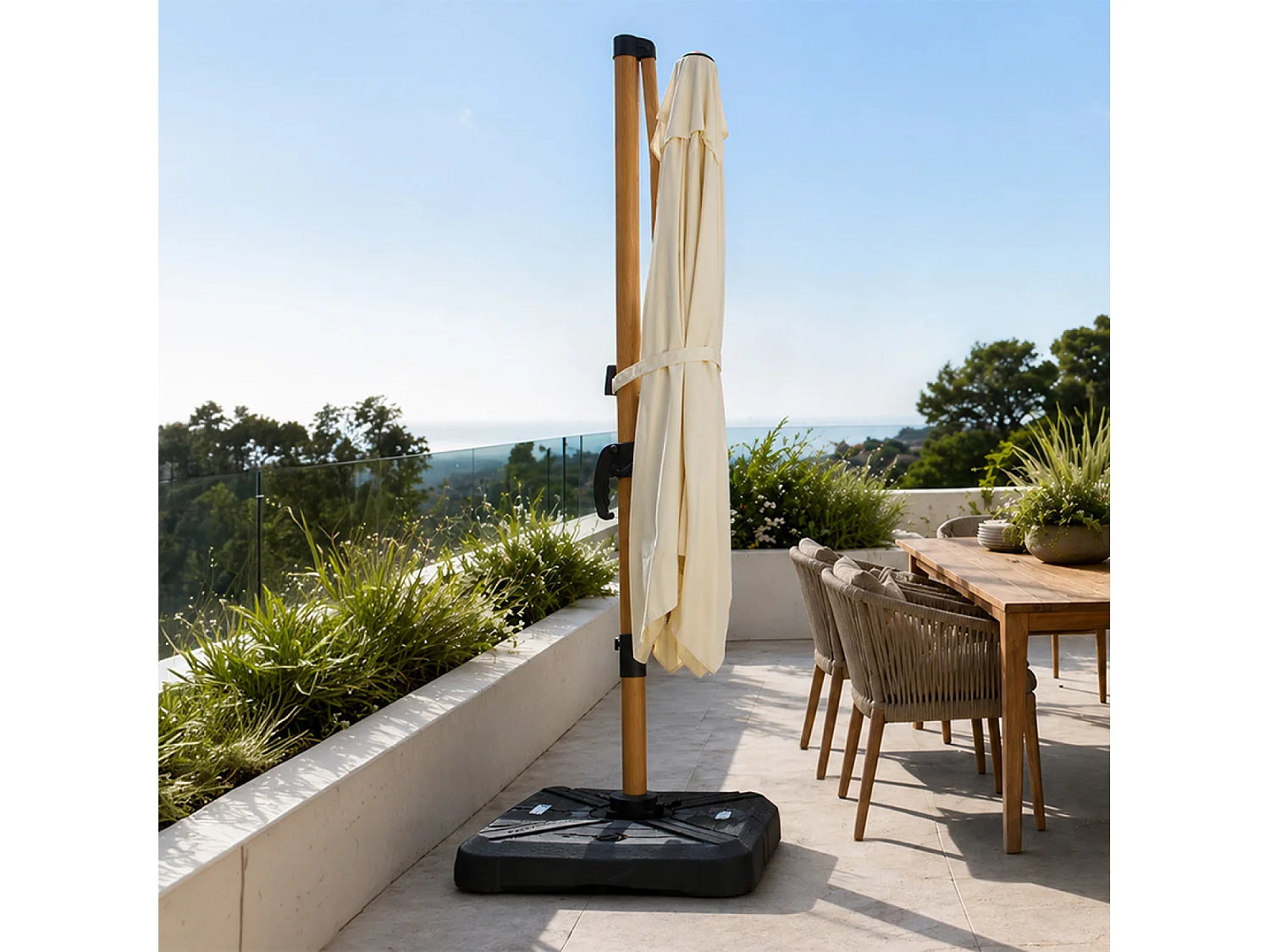 Parasol rectangulaire 2x3m déporté rotatif écru structure effet bois PIANA