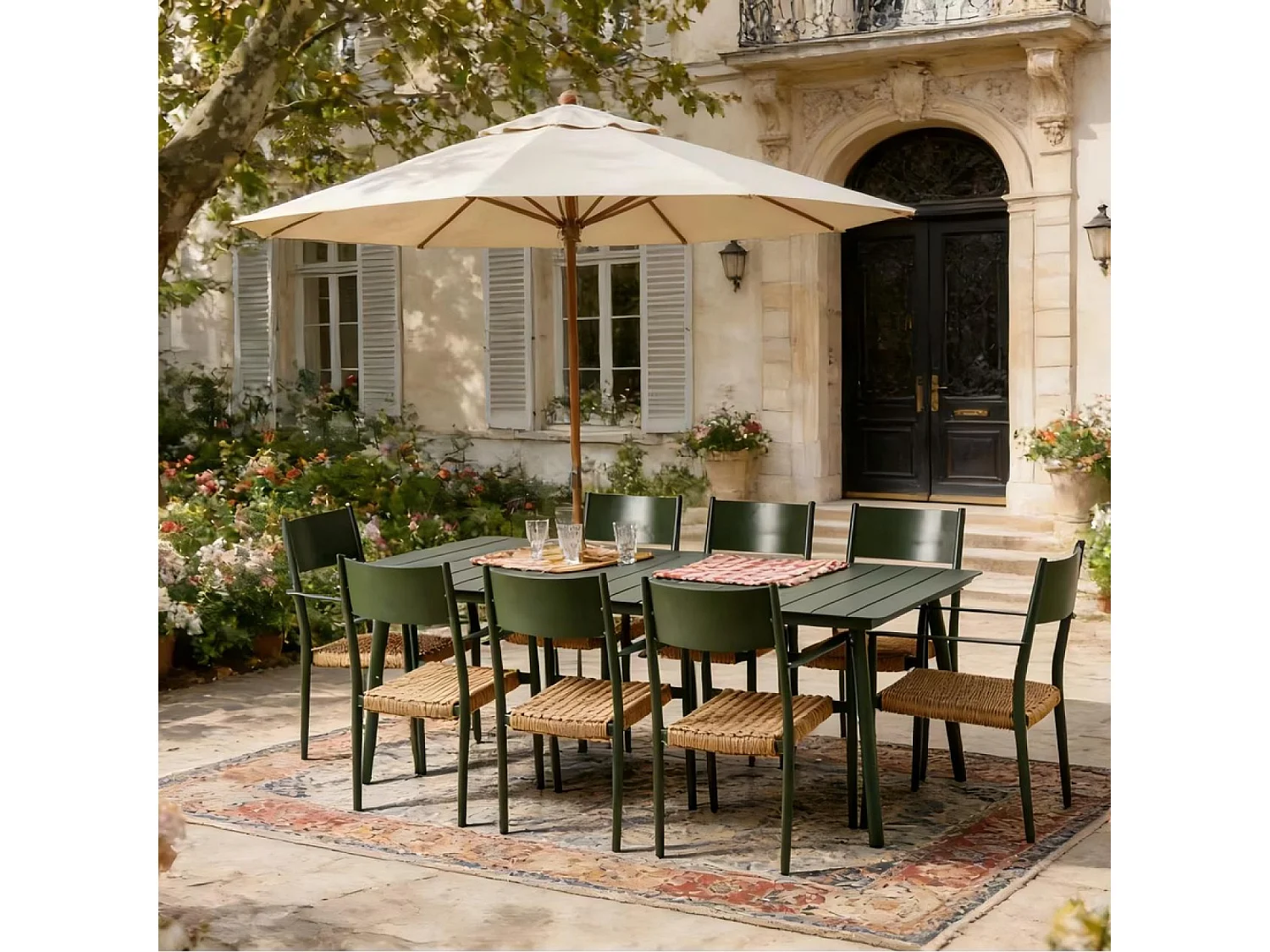Ensemble table de jardin 200 cm et 8 fauteuils kaki effet rotin CANBERRA