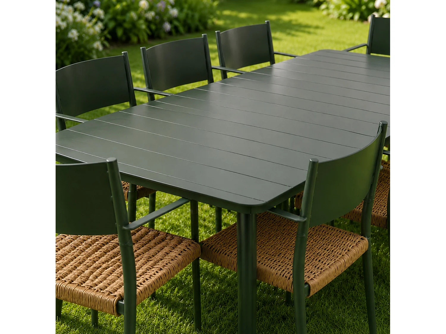 Ensemble table de jardin 200 cm et 8 fauteuils kaki effet rotin CANBERRA