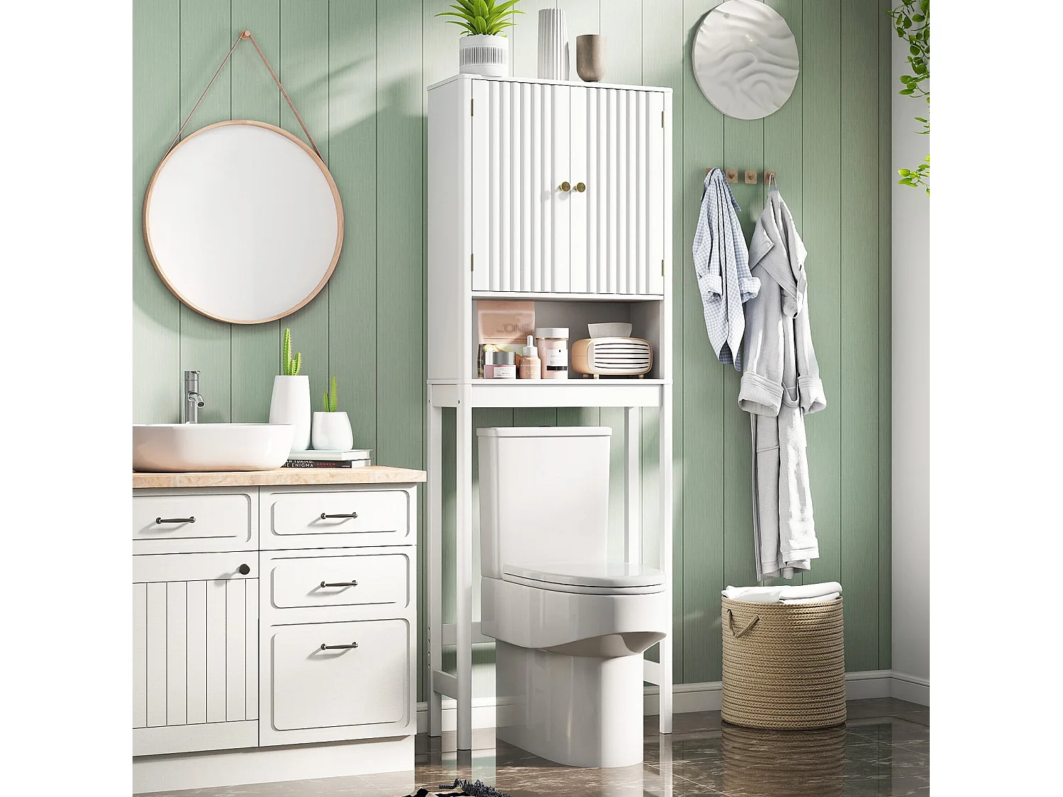 Toilettenschrank mit Türen & Verstellbarem Fach & Unterer Stange Platzsparendes Toilettenregal Weiß