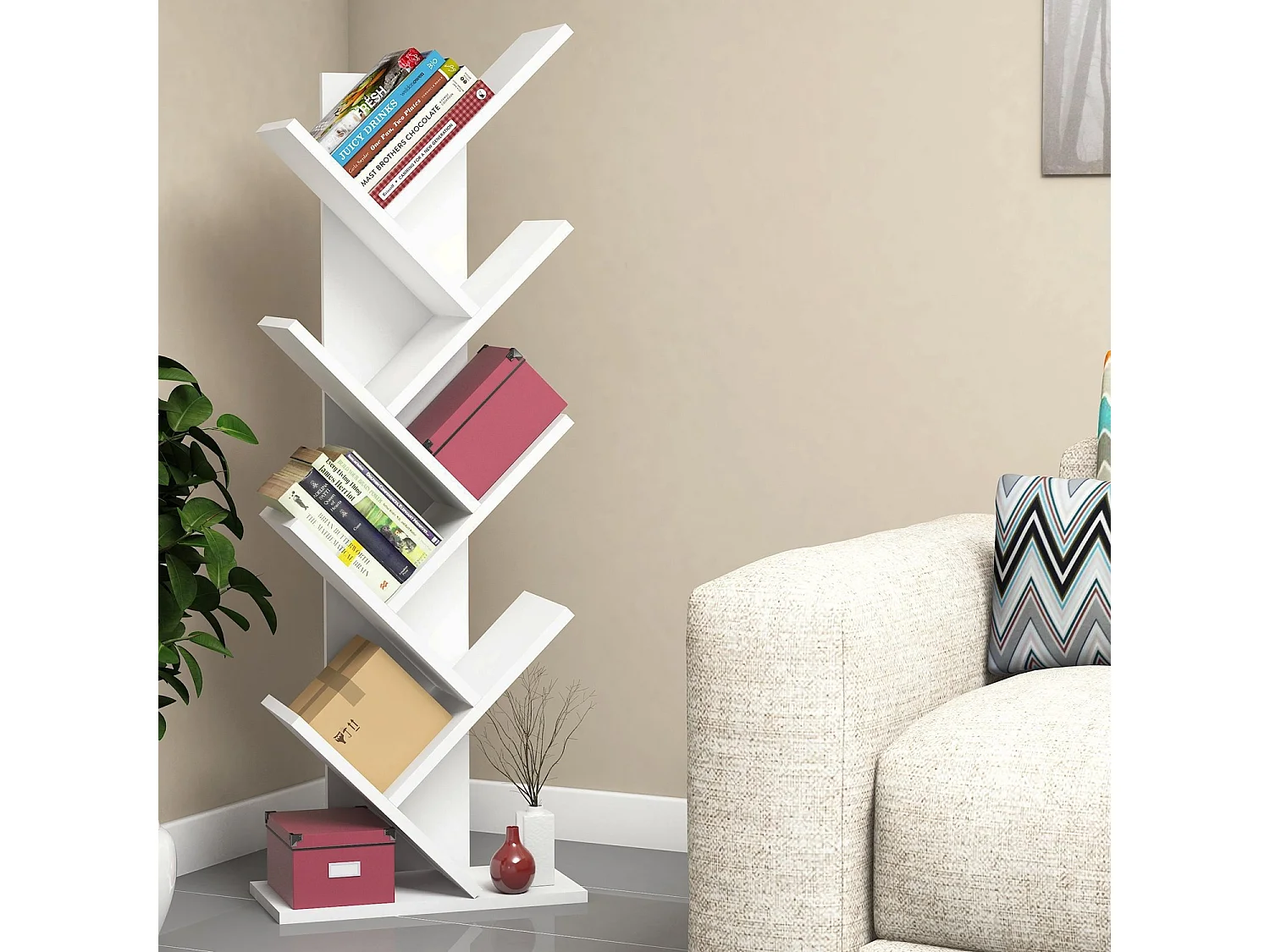 Modernes Weißes Holzbücherregal "Hitit" - 6 Regale - 46 x 22 x 128 cm