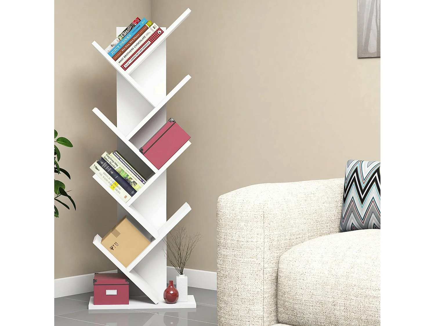 Modernes Weißes Holzbücherregal "Hitit" - 6 Regale - 46 x 22 x 128 cm