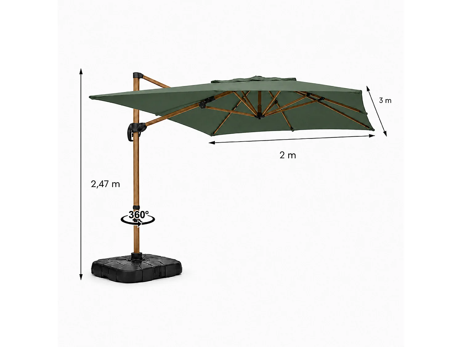 Parasol rectangulaire 2x3m déporté rotatif vert structure effet bois PIANA