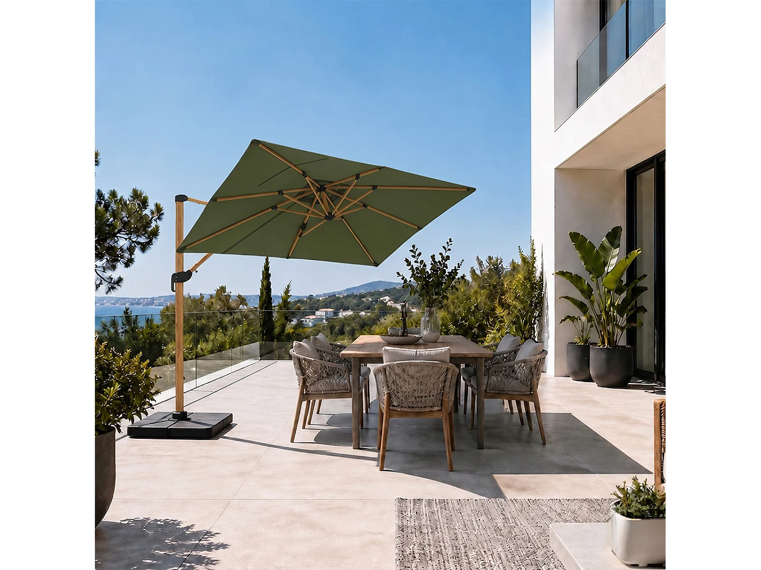 Parasol rectangulaire 2x3m déporté rotatif vert structure effet bois PIANA