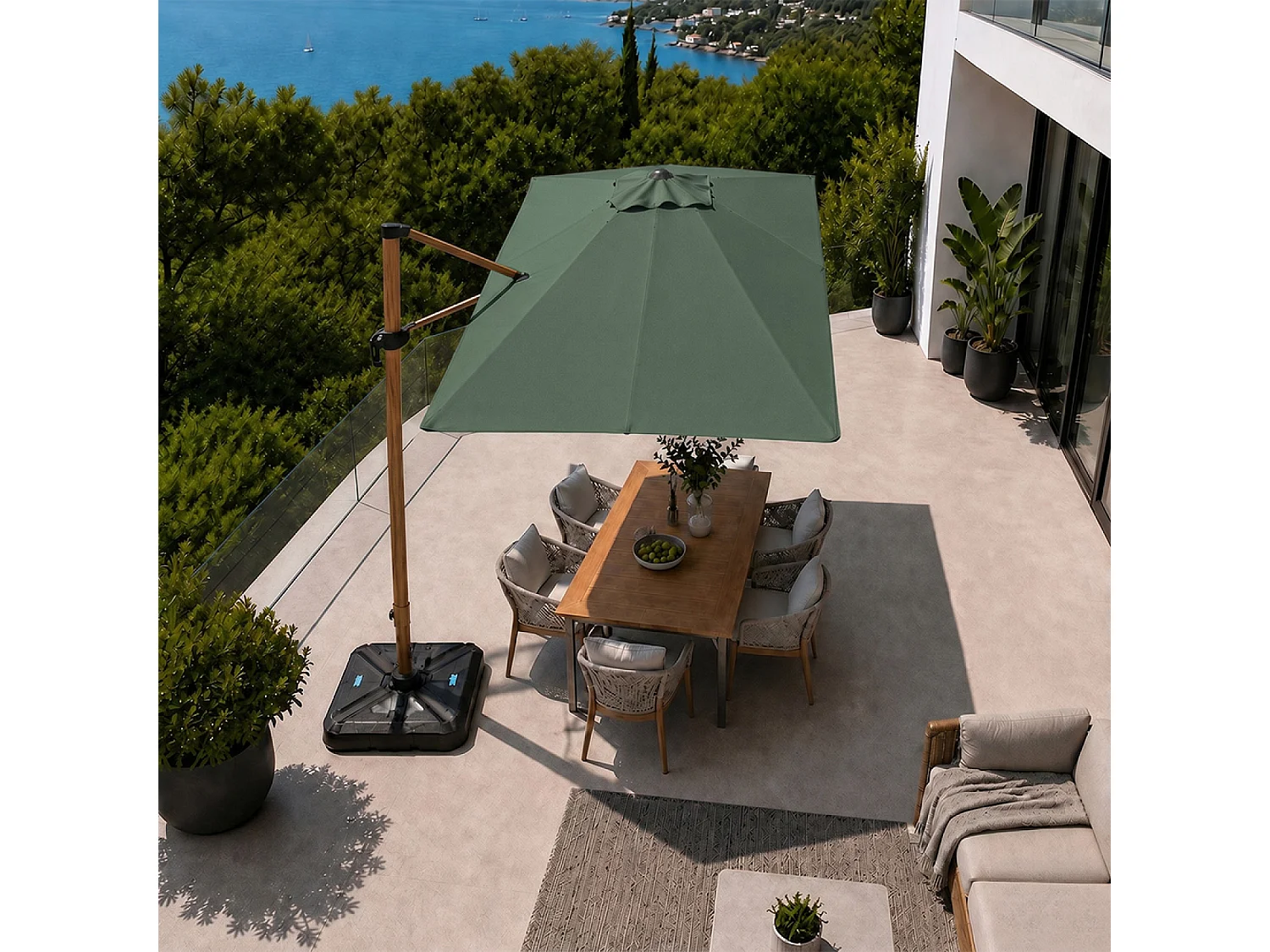 Parasol rectangulaire 2x3m déporté rotatif vert structure effet bois PIANA