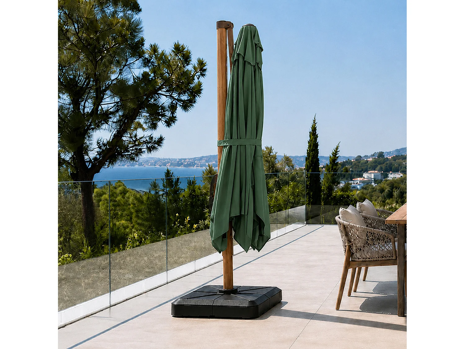 Parasol rectangulaire 2x3m déporté rotatif vert structure effet bois PIANA