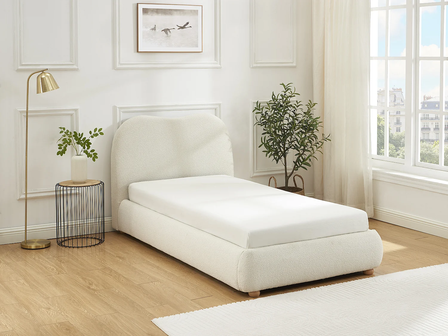 Lit coffre 90 x 200 cm - Tissu bouclette - Blanc + Matelas - VANARI