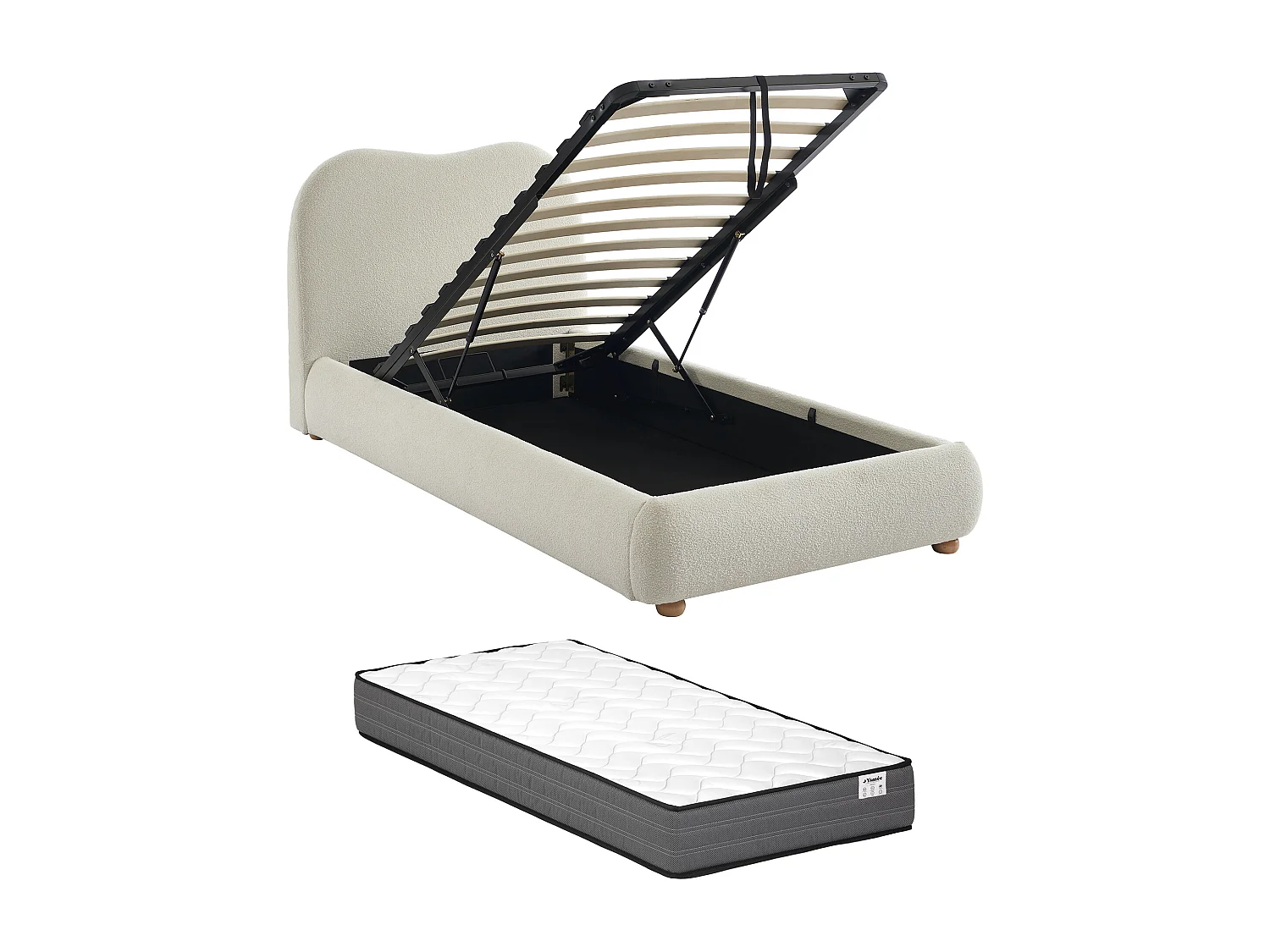 Lit coffre 90 x 200 cm - Tissu bouclette - Blanc + Matelas - VANARI