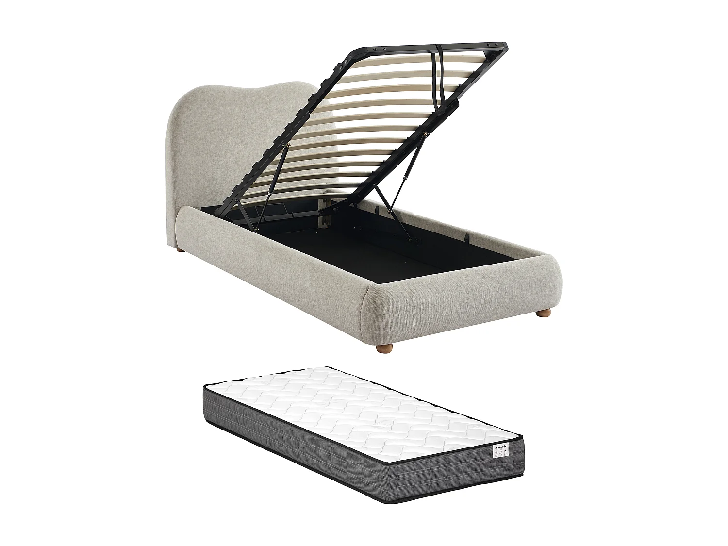 Lit coffre 90 x 200 cm - Tissu - Beige + Matelas - VANARI