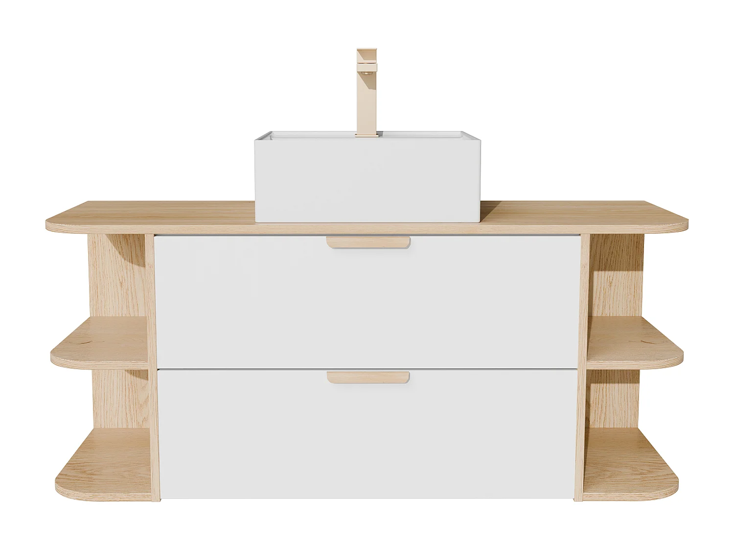 Meuble de salle de bain suspendu avec niches, vasque à poser carrée et robinet – Blanc et naturel clair – L100 cm – AVORELI