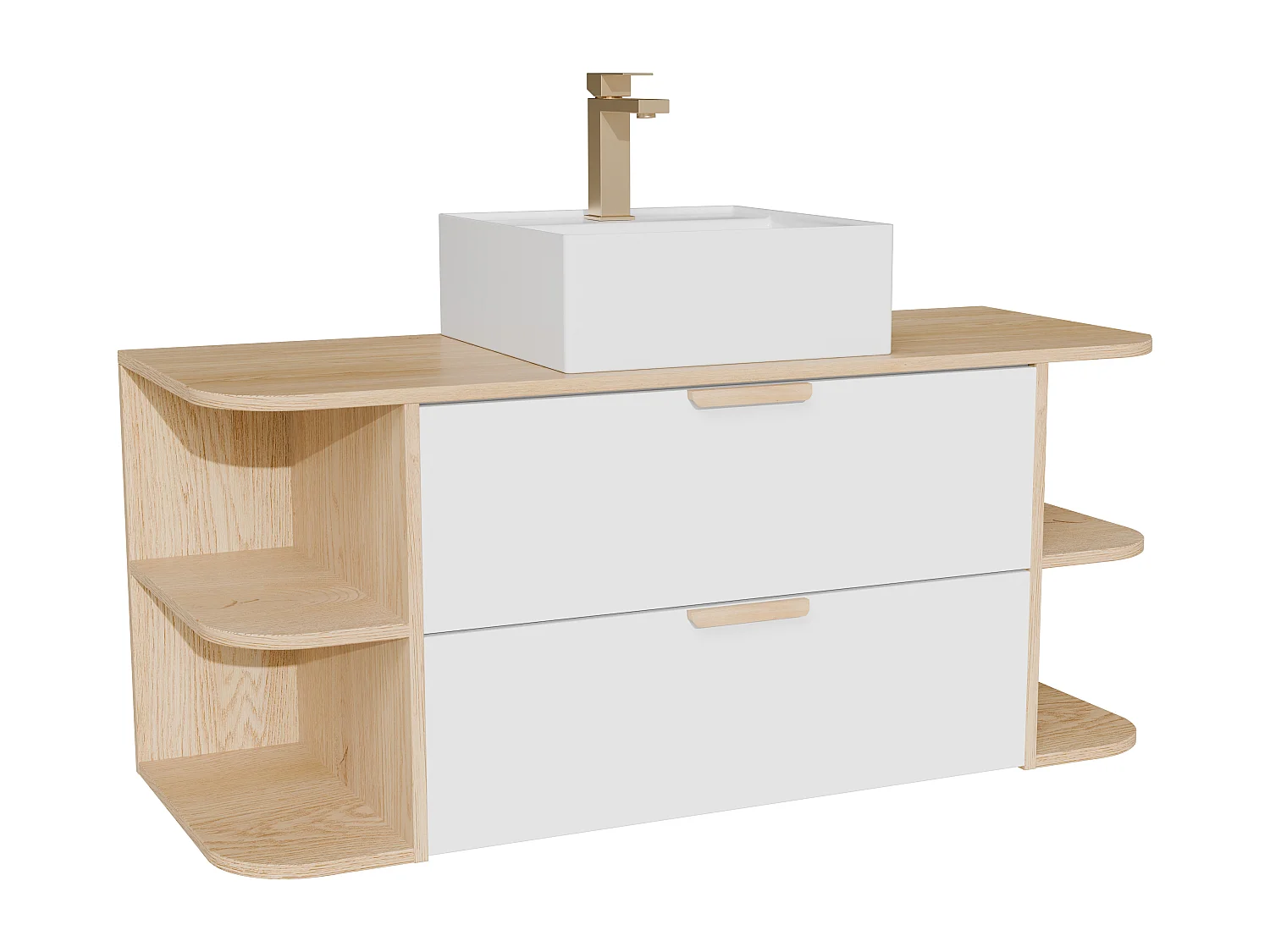 Meuble de salle de bain suspendu avec niches, vasque à poser carrée et robinet – Blanc et naturel clair – L100 cm – AVORELI