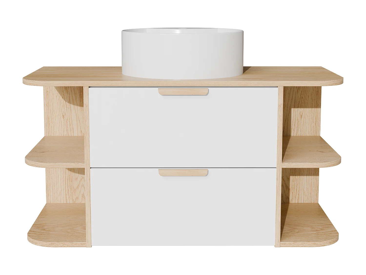 Meuble de salle de bain suspendu avec niches et vasque à poser ronde – Blanc et naturel clair – L100 cm – AVORELI