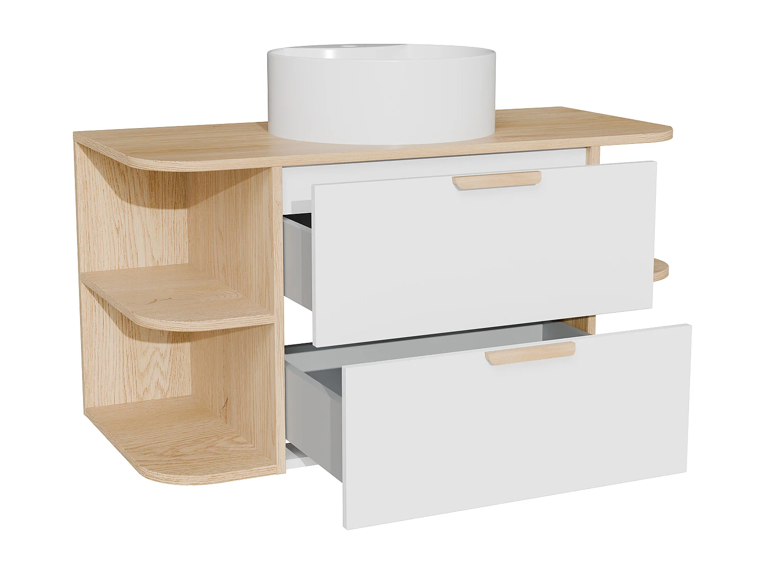 Meuble de salle de bain suspendu avec niches et vasque à poser ronde – Blanc et naturel clair – L100 cm – AVORELI