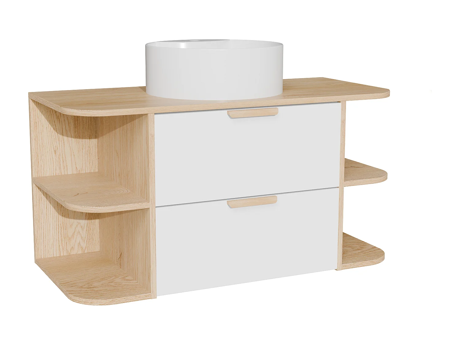 Meuble de salle de bain suspendu avec niches et vasque à poser ronde – Blanc et naturel clair – L100 cm – AVORELI