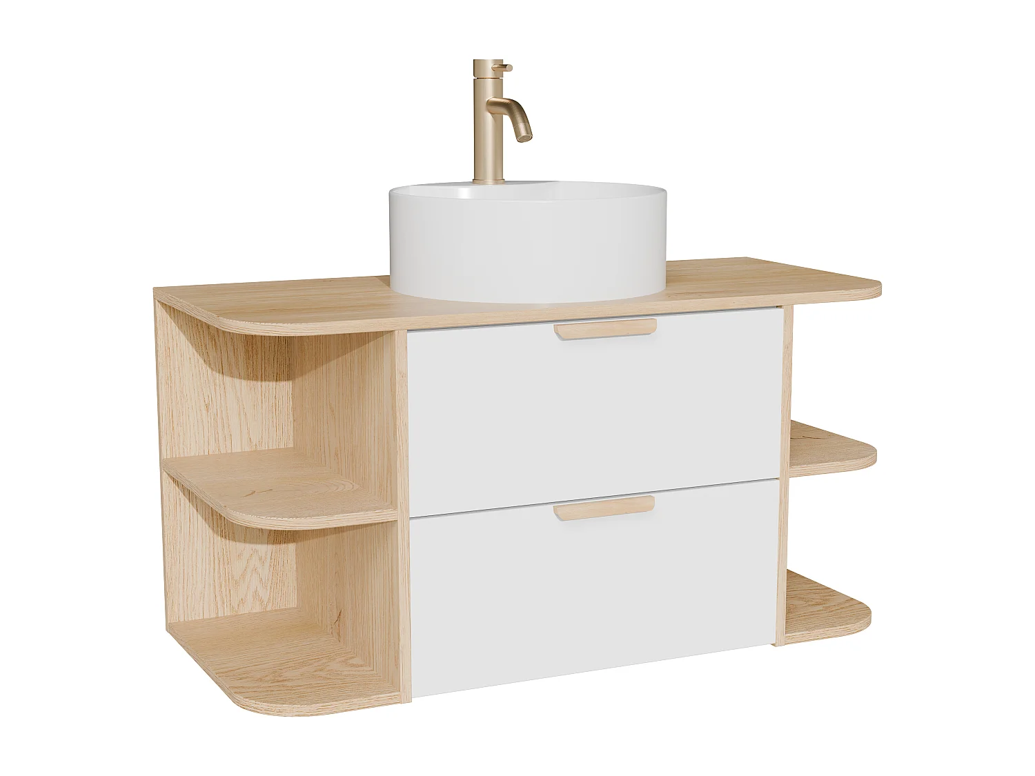 Meuble de salle de bain suspendu avec niches, vasque à poser ronde et robinet – Blanc et naturel clair – L100 cm – AVORELI