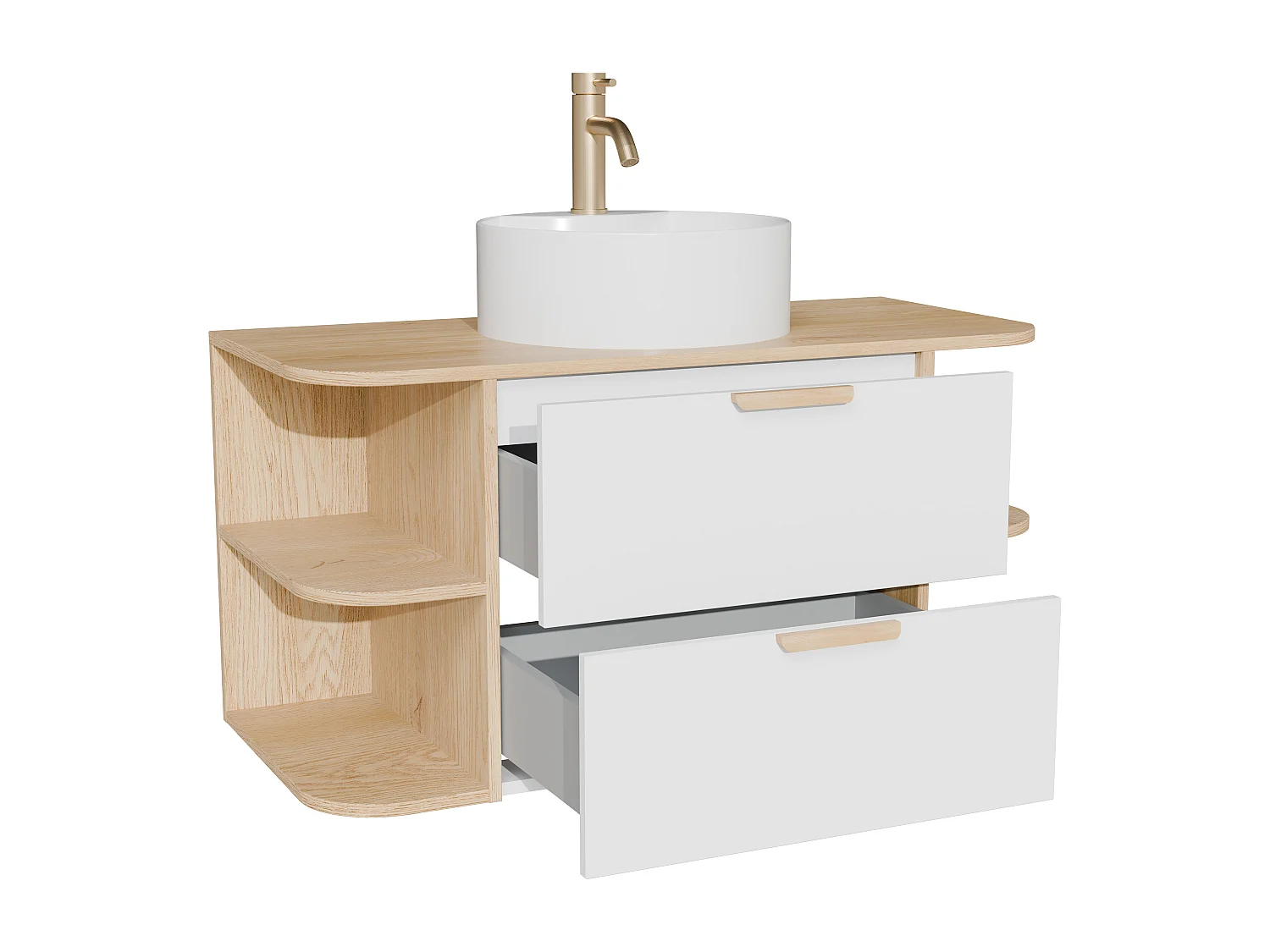 Meuble de salle de bain suspendu avec niches, vasque à poser ronde et robinet – Blanc et naturel clair – L100 cm – AVORELI