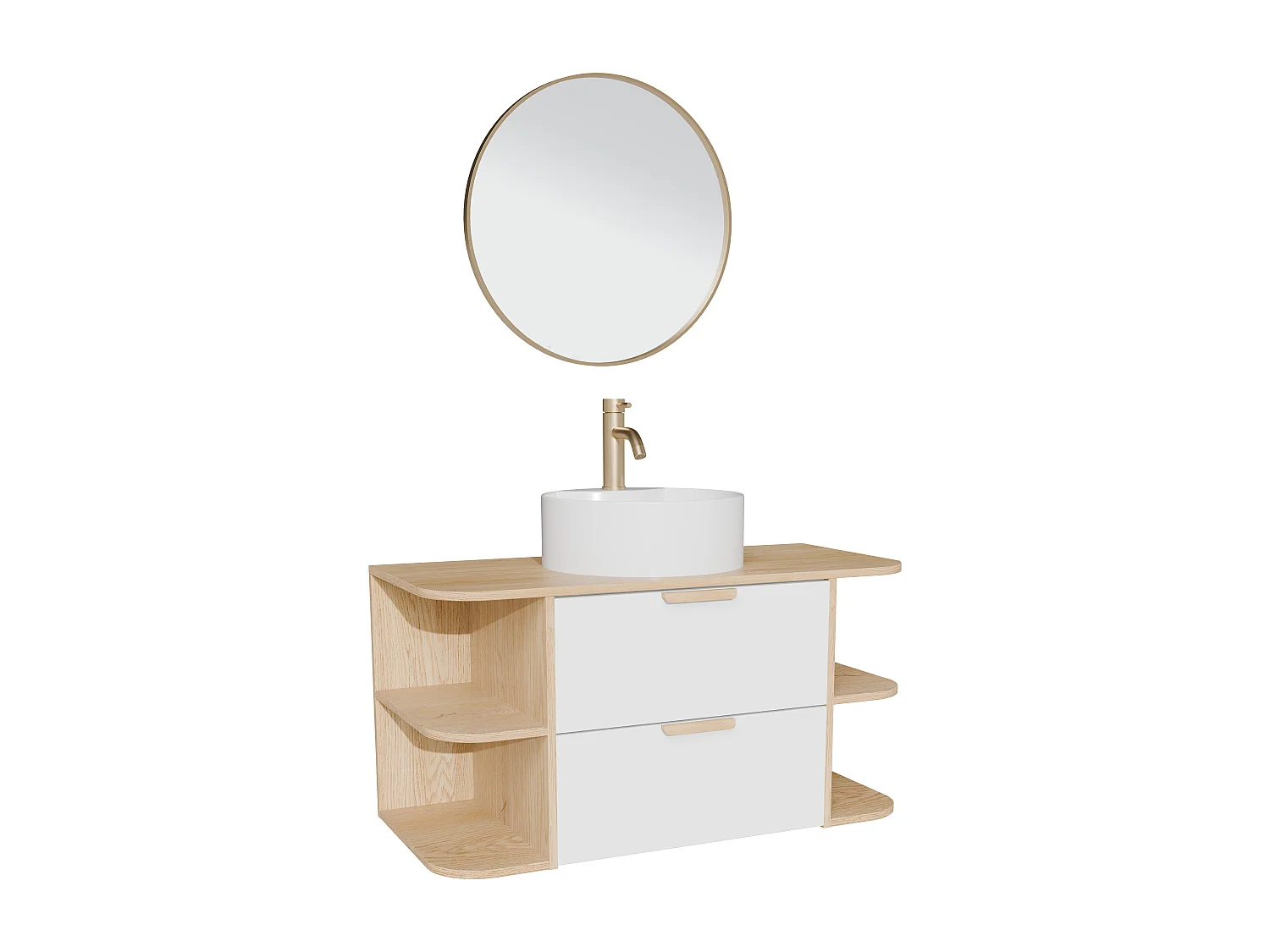 Meuble de salle de bain suspendu avec niches, vasque à poser ronde, robinet et miroir – Blanc et naturel clair – L100 cm – AVORELI
