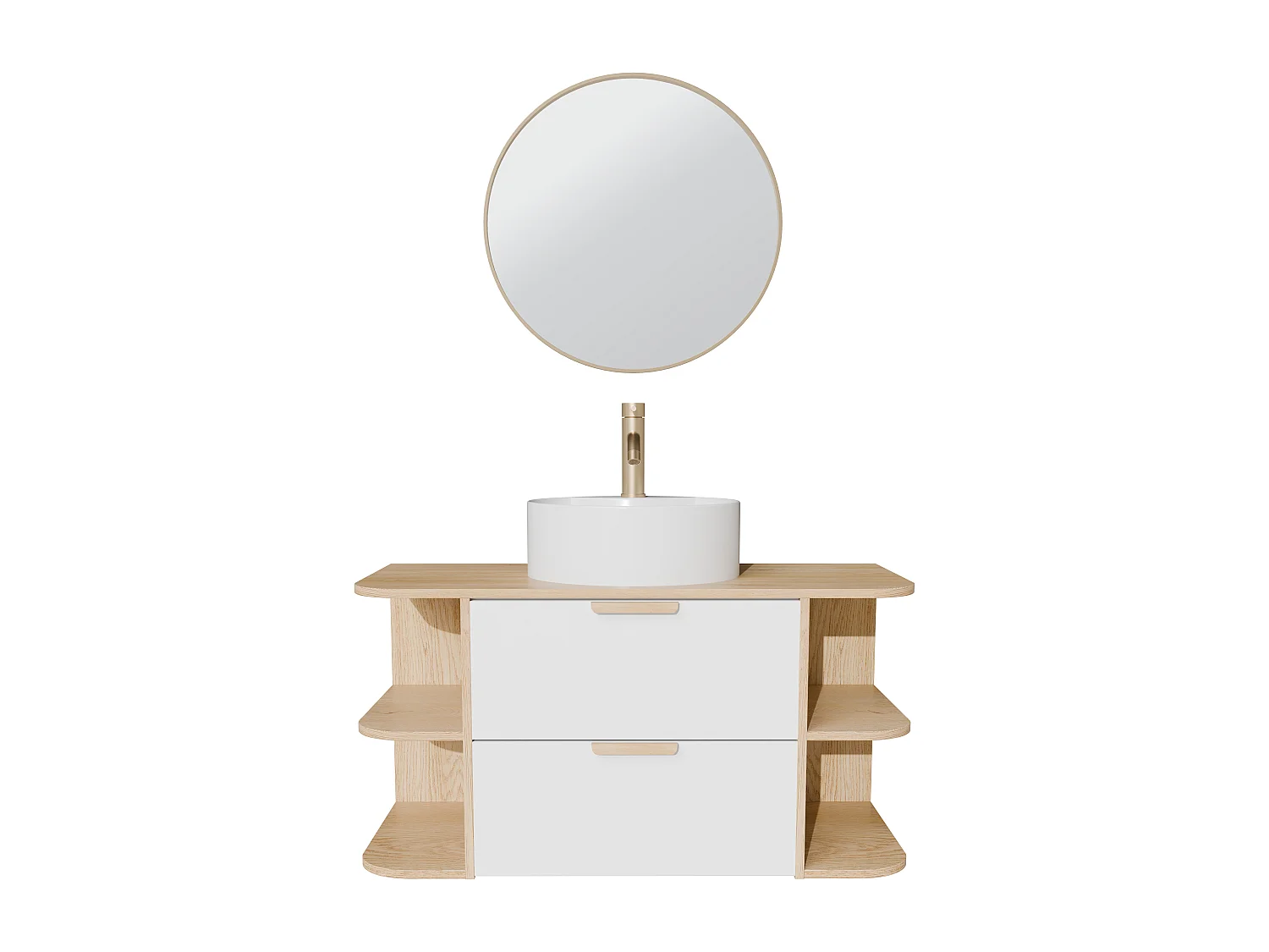 Meuble de salle de bain suspendu avec niches, vasque à poser ronde, robinet et miroir – Blanc et naturel clair – L100 cm – AVORELI