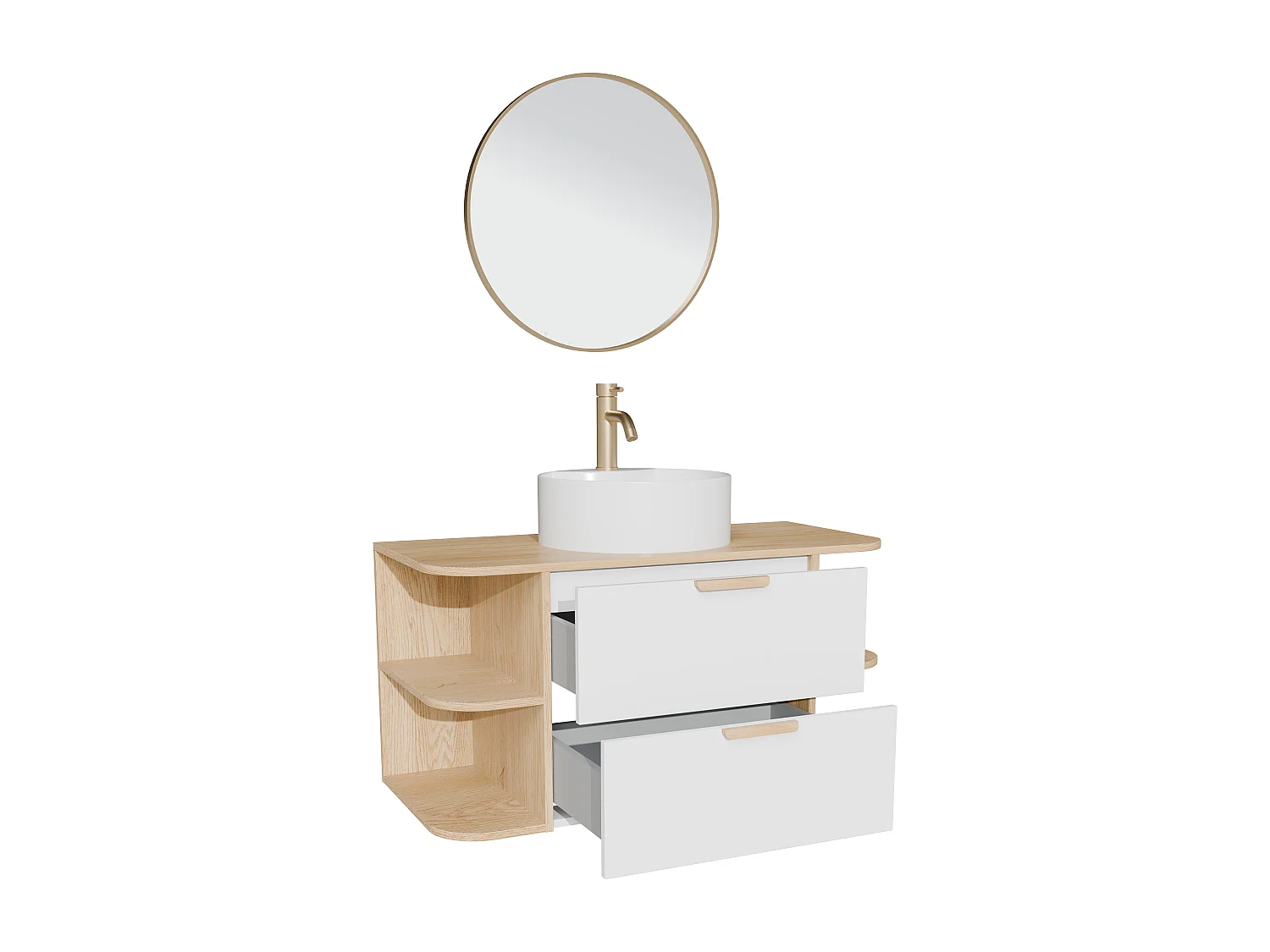 Meuble de salle de bain suspendu avec niches, vasque à poser ronde, robinet et miroir – Blanc et naturel clair – L100 cm – AVORELI