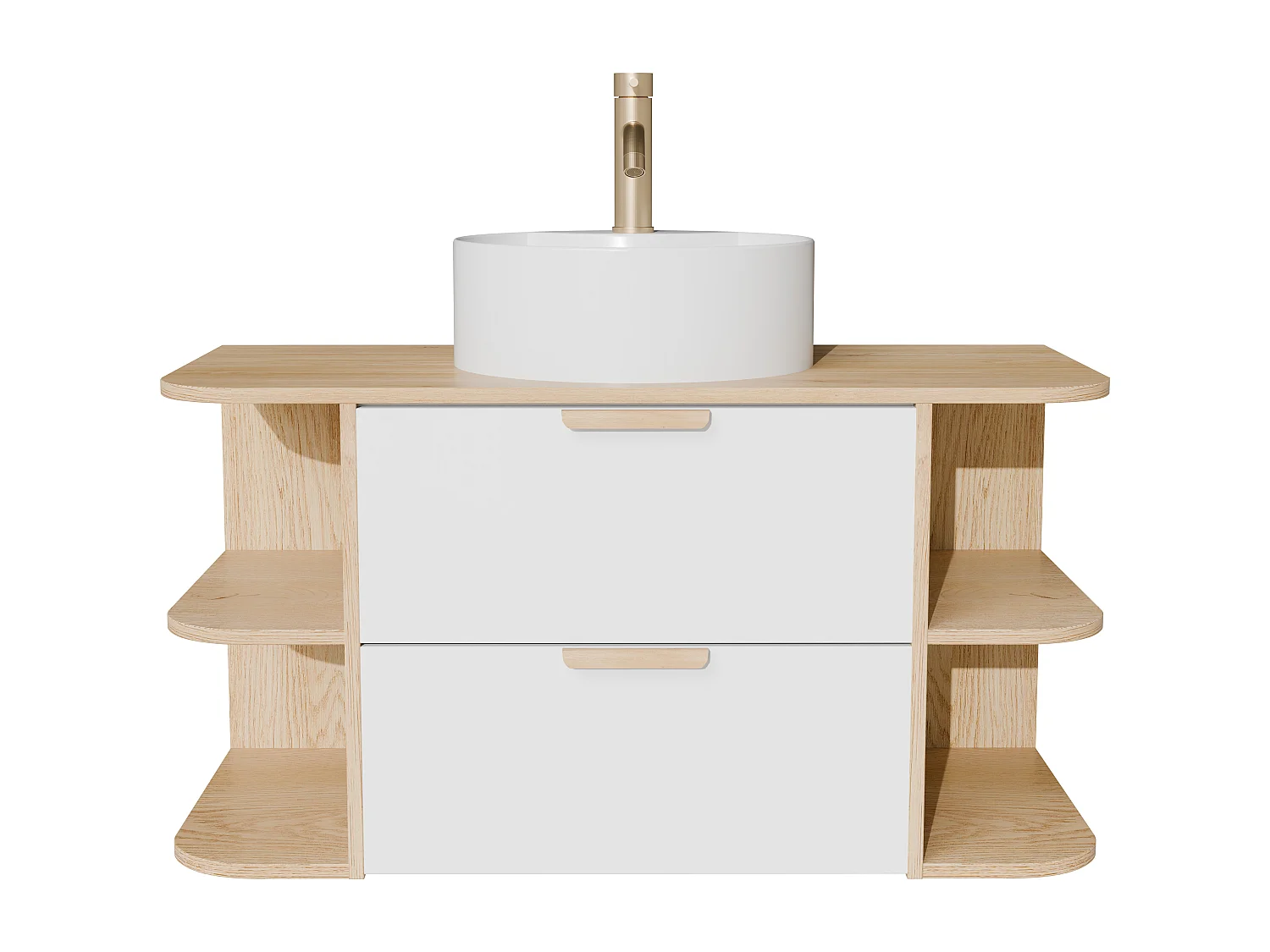 Meuble de salle de bain suspendu avec niches, vasque à poser ronde, robinet et miroir – Blanc et naturel clair – L100 cm – AVORELI