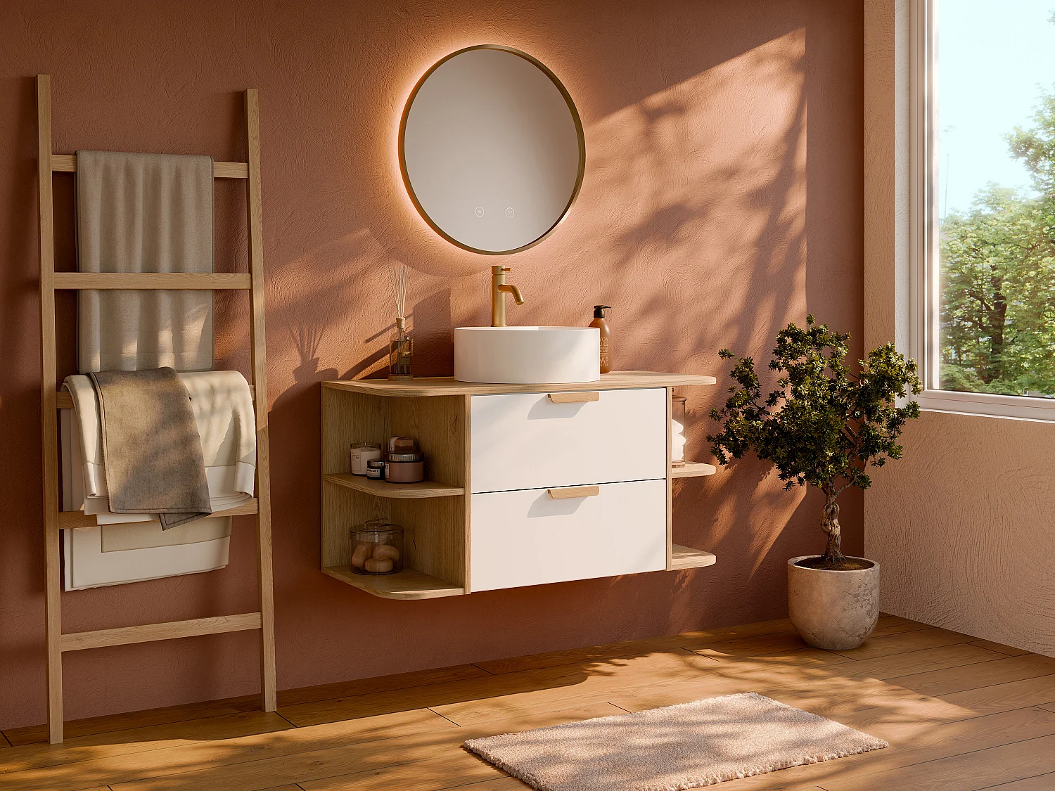 Meuble de salle de bain suspendu avec niches, vasque à poser ronde, robinet et miroir – Blanc et naturel clair – L100 cm – AVORELI