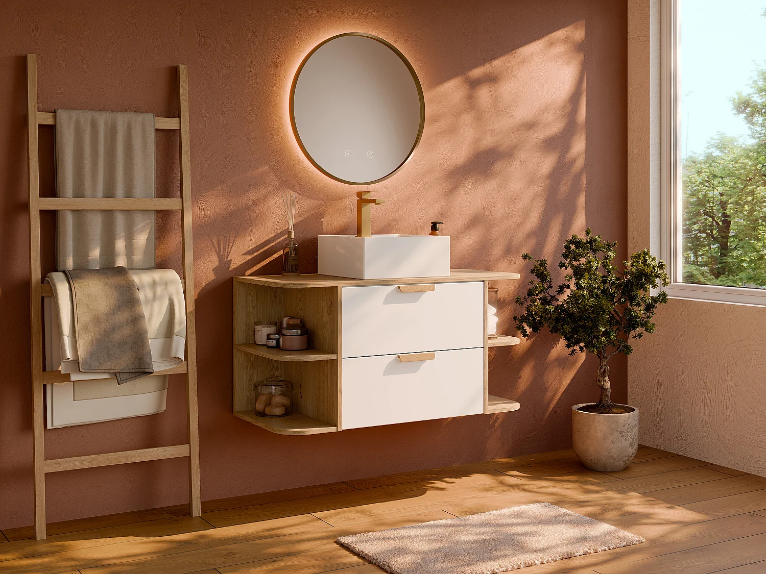 Meuble de salle de bain suspendu avec niches, vasque à poser carrée, robinet et miroir – Blanc et naturel clair – L100 cm – AVORELI