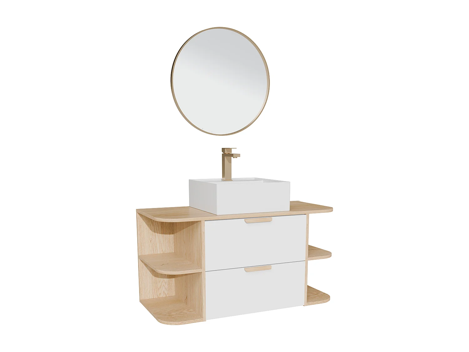Meuble de salle de bain suspendu avec niches, vasque à poser carrée, robinet et miroir – Blanc et naturel clair – L100 cm – AVORELI