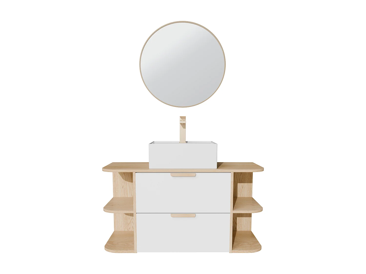 Meuble de salle de bain suspendu avec niches, vasque à poser carrée, robinet et miroir – Blanc et naturel clair – L100 cm – AVORELI