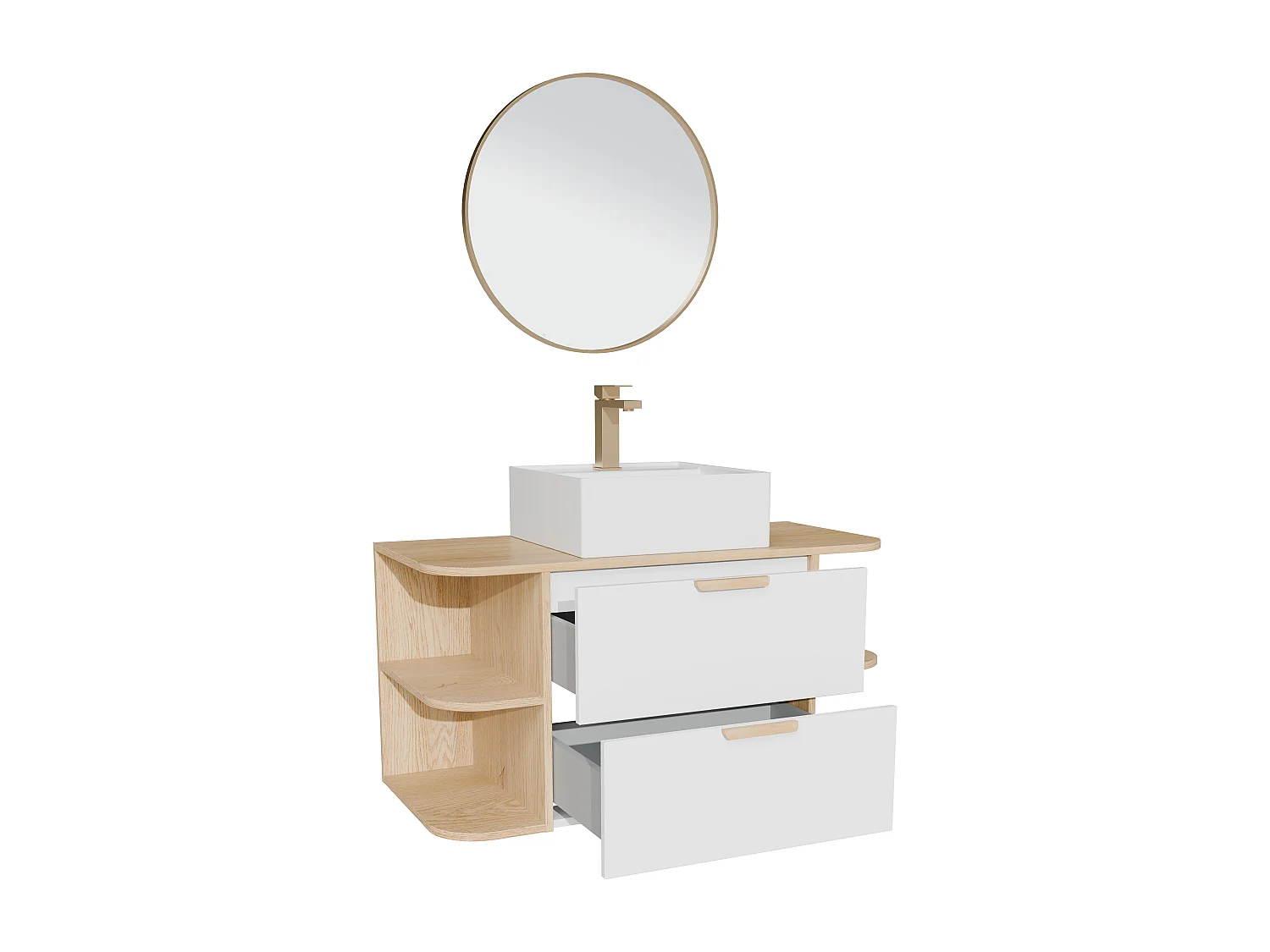 Meuble de salle de bain suspendu avec niches, vasque à poser carrée, robinet et miroir – Blanc et naturel clair – L100 cm – AVORELI