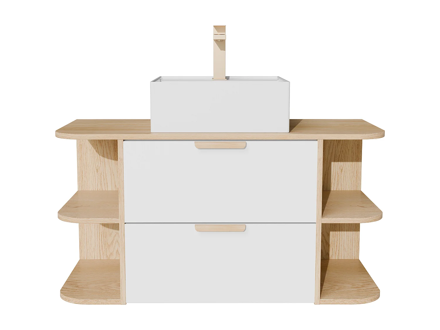 Meuble de salle de bain suspendu avec niches, vasque à poser carrée, robinet et miroir – Blanc et naturel clair – L100 cm – AVORELI