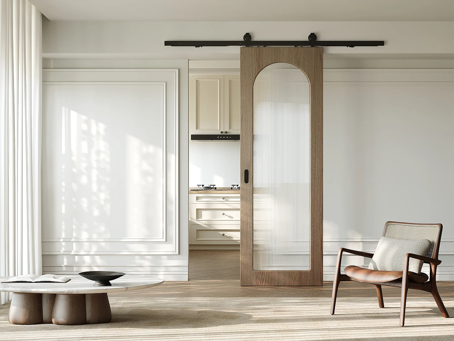 Schuifdeur met opbouwsysteem in hout en MDF - lichte natuurlijke boog en gehard geribbeld glas - H205 x B63 cm - ODEZA