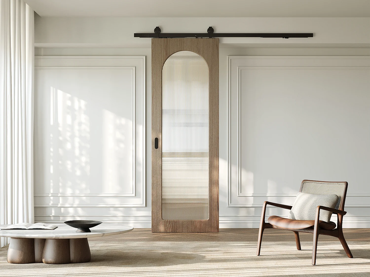 Schuifdeur met opbouwsysteem in hout en MDF - lichte natuurlijke boog en gehard geribbeld glas - H205 x B63 cm - ODEZA