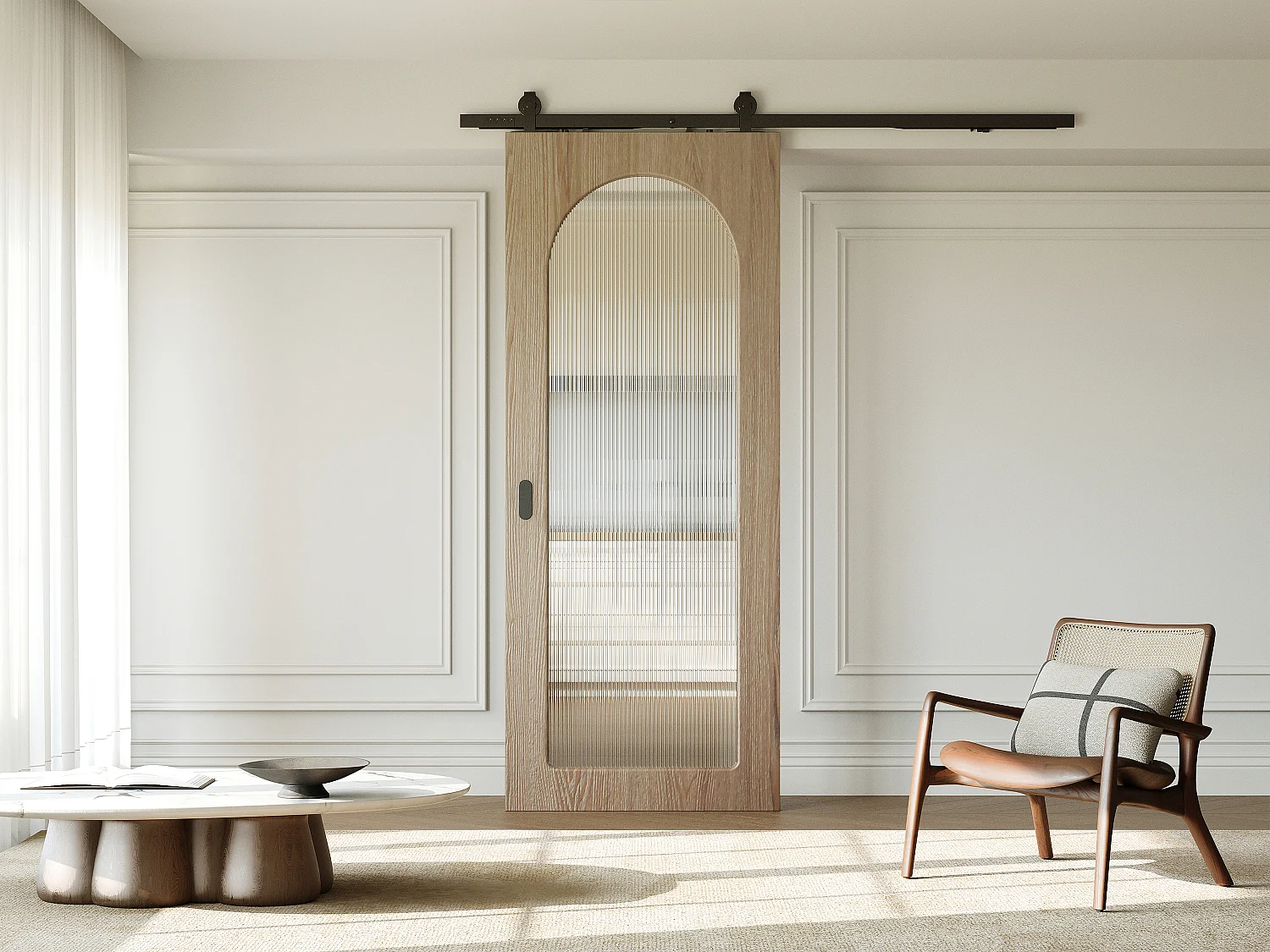 Schuifdeur met opbouwsysteem in hout en MDF - lichte natuurlijke boog en gehard gecanneleerd glas - H205 x B73 cm - ODEZA