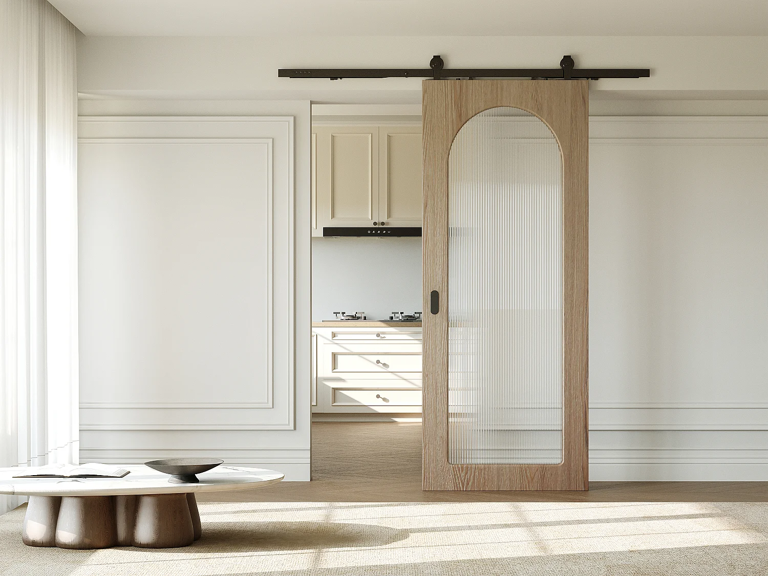 Schuifdeur met opbouwsysteem in hout en MDF - lichte natuurlijke boog en gehard gecanneleerd glas - H205 x B73 cm - ODEZA