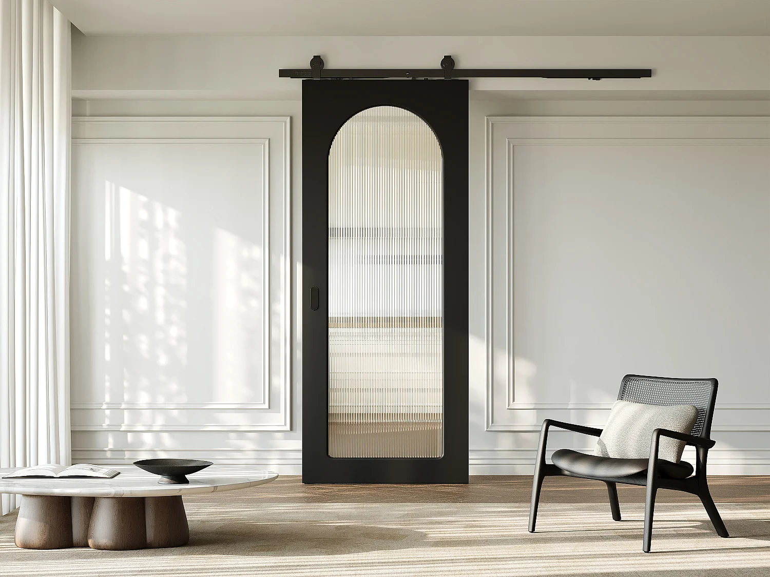 Schuifdeur met opbouwsysteem in hout en MDF - zwarte boog en gehard geribbeld glas - H205 x B83 cm - ODEZA