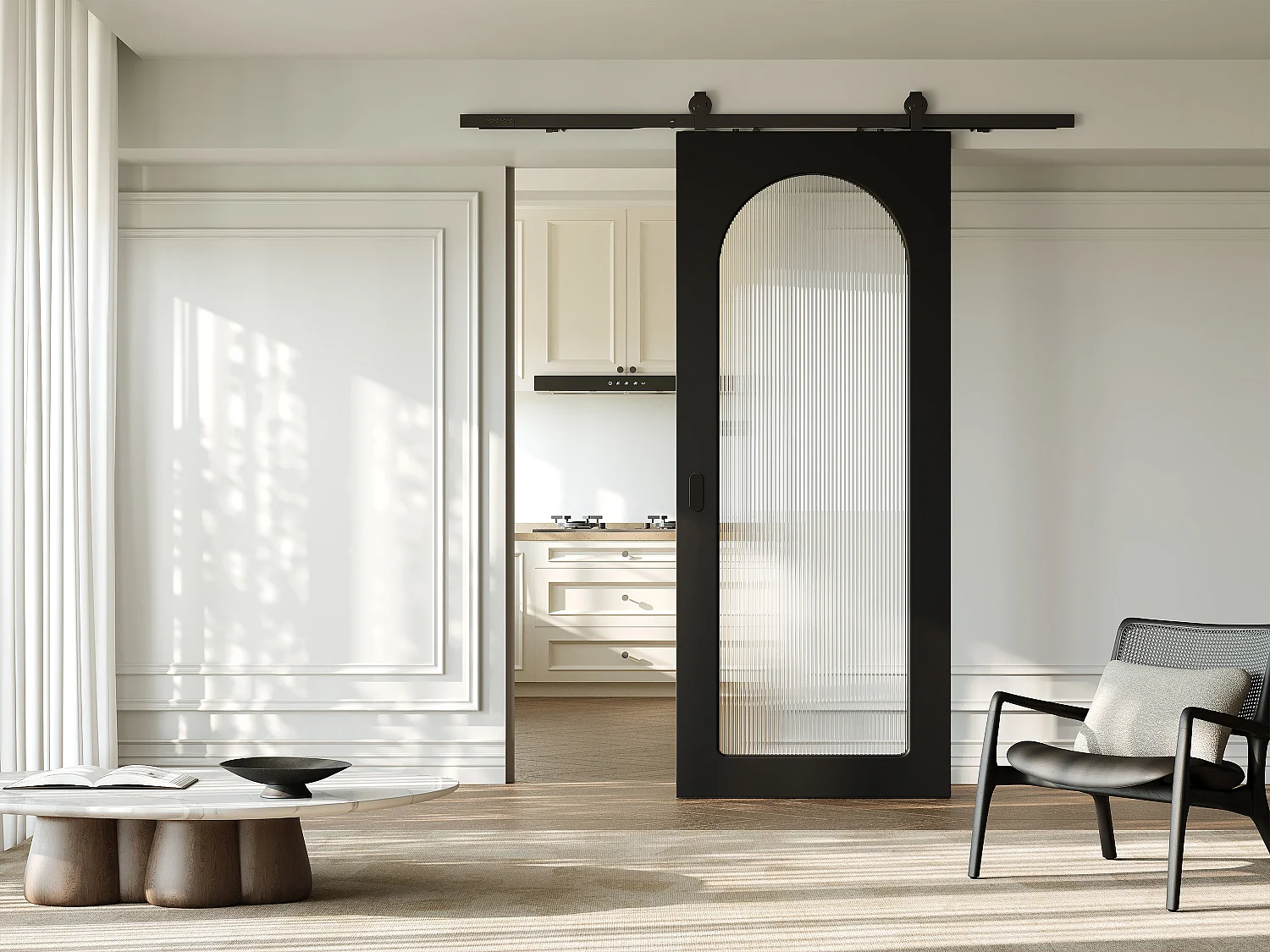 Schuifdeur met opleggsysteem in hout en MDF - zwarte boog en gehard geribbeld glas - H205 x B93 cm - ODEZA