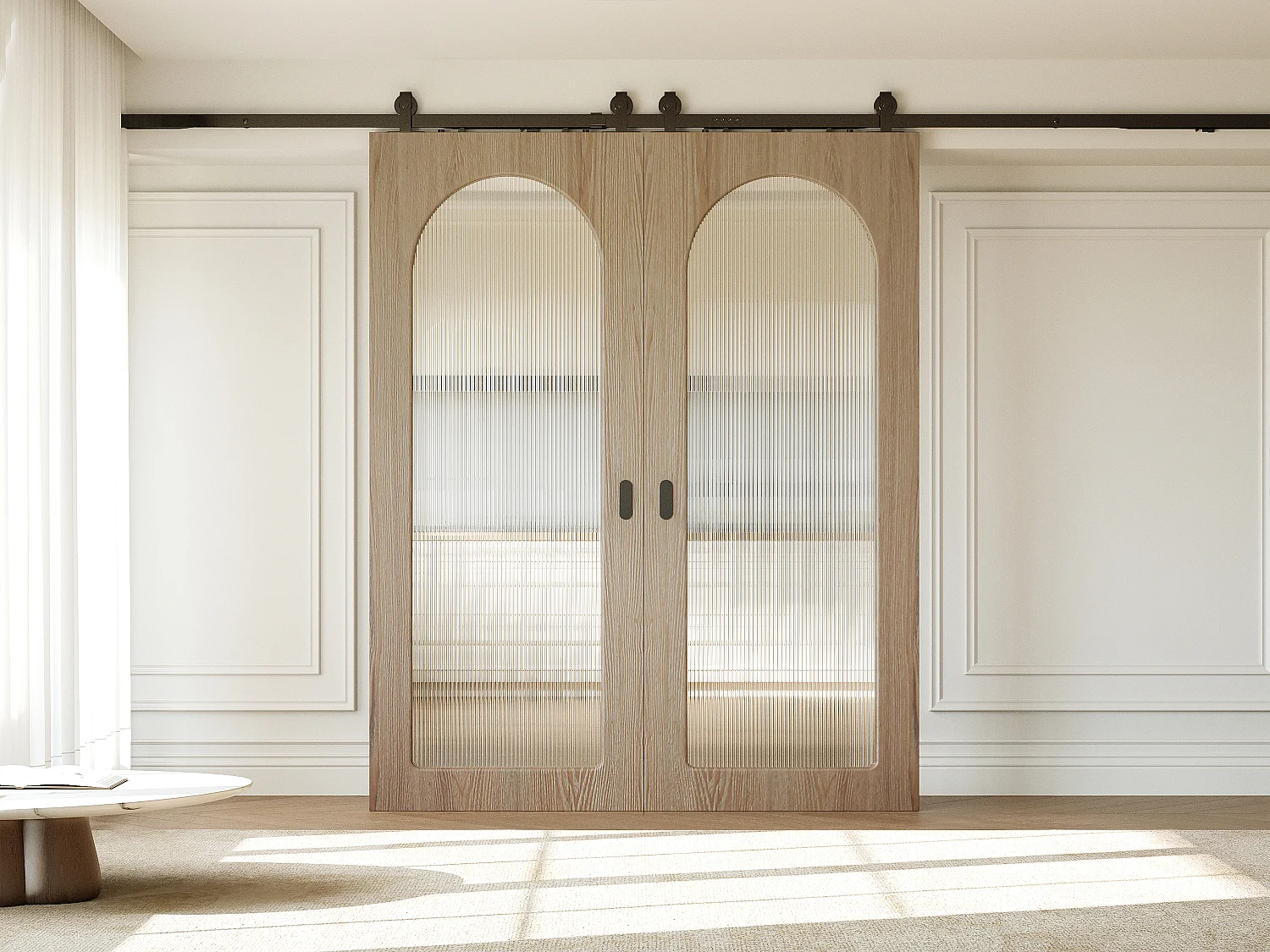 Dubbele schuifdeur met opbouwsysteem in hout en MDF - natuurlijke lichte boog en gehard geribbeld glas - 2 x H205 x B93 cm - ODEZA