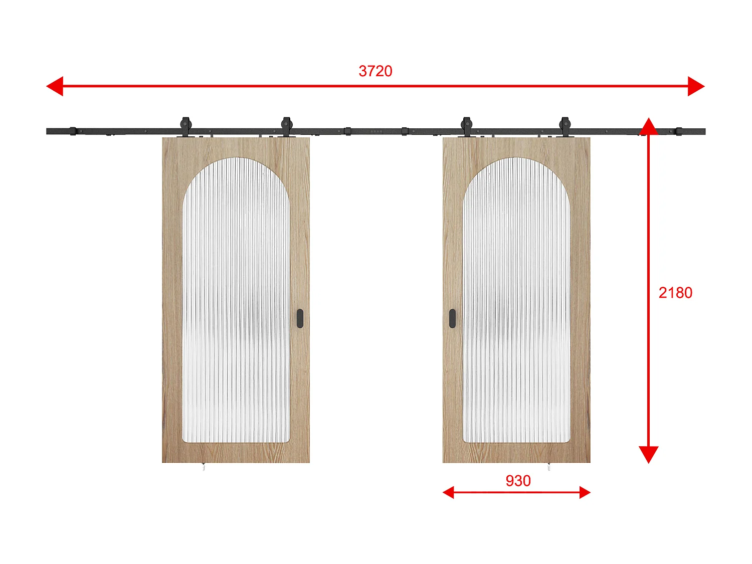 Dubbele schuifdeur met opbouwsysteem in hout en MDF - natuurlijke lichte boog en gehard geribbeld glas - 2 x H205 x B93 cm - ODEZA